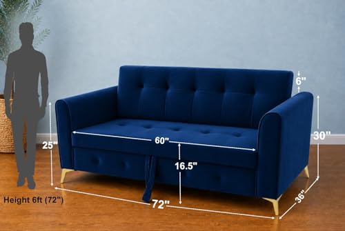 Image of Adorn India Premium Mystic - 3 Years Warranty - 3 Seater Sofa Cum Bed Velvet Suede Fabric - Blue