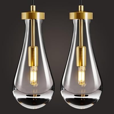 Feasey 2 Pcs Raindrop Chandeliers,Gold Pendant Light with Teardrops Shape,Modern Glass Pendant Light,Kitchen Island Lighting,Brass Hanging Light Fixture,for Bedroom,Laundry Room,Bulb Not Included