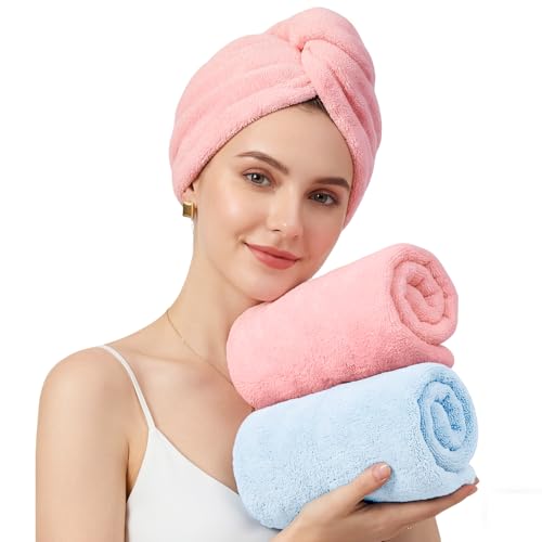 Mandydov 100% Cotton Hair Towel Wrap for Women 2 Pack Thickened & Super Absorbent Turbans Anti Frizz Quick Dry Hair Towels (Blue Pink Blush)