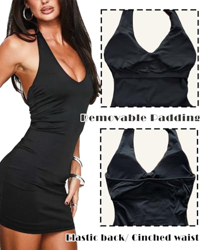 Bodycon Halter Mini Dresses for Women Removable Padded Going Out Club Backless V Neck Summer Cocktail Party Outfit3