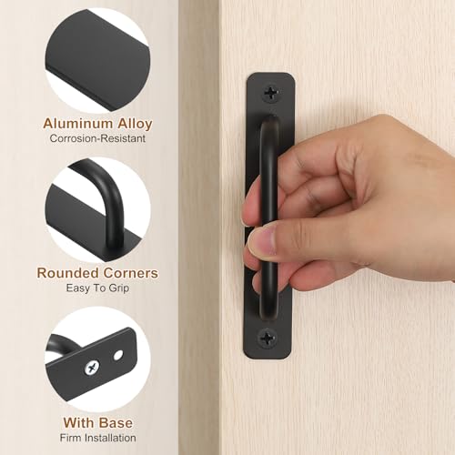 Image of uxcell 6Pcs Barn Door Handles, 224mm / 9 Inch Hole Center Sliding Gate Door Pull Handle Aluminum Alloy Cabinet Handles with Base and Screws for Kitchen Bathroom Wardrobe Closet (Black)