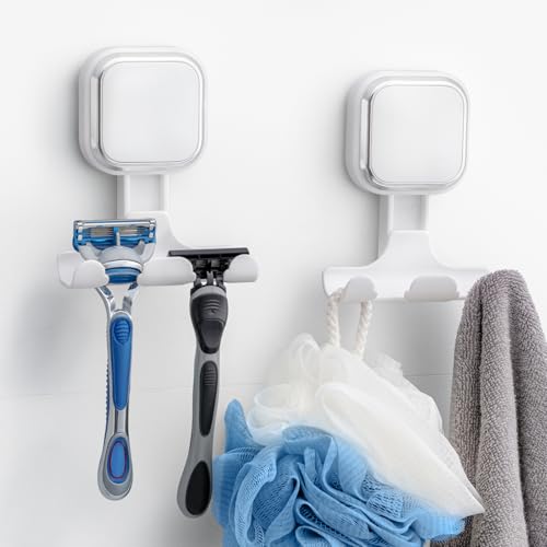Image of TAILI Suction Cup Razor Holder for Shower Wall 2 Pack, Versatile Suction Cup Hooks for Razor, Towel, Loofah, Squeegee, Cell Phone, Removable Damage-Free Hanging Shower Hook, Shaver Holder, White