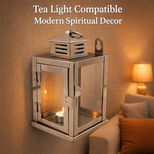 Image of Nakshathra Stainless Steel Wall Mounted Oil Lamp with Glass Cover, Deepam Lid, Windproof Hanging Diya Lantern for Home & Temple Pooja, Ideal for Decorating Indoor Outdoors (Medium)