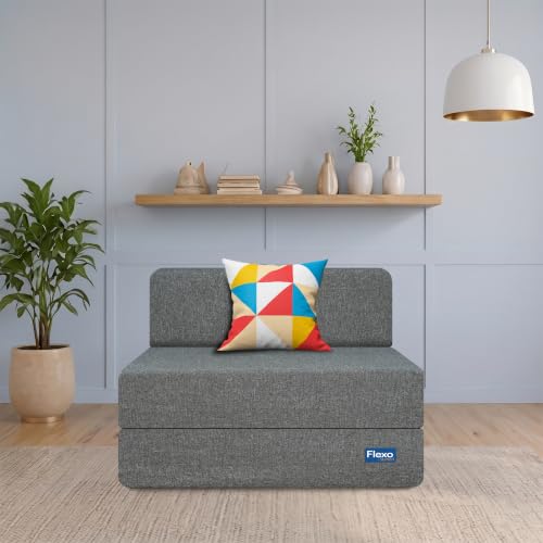 Image of Starlon 1 Seater Foldable Sofa Cum Bed 3-in-1 with 1 Geometrical Pattern Pillow, Washable Jute Fabric Cover, Space Saving Guest Bed, Pre-Assembled Ash Gray 2.5x6 Ft
