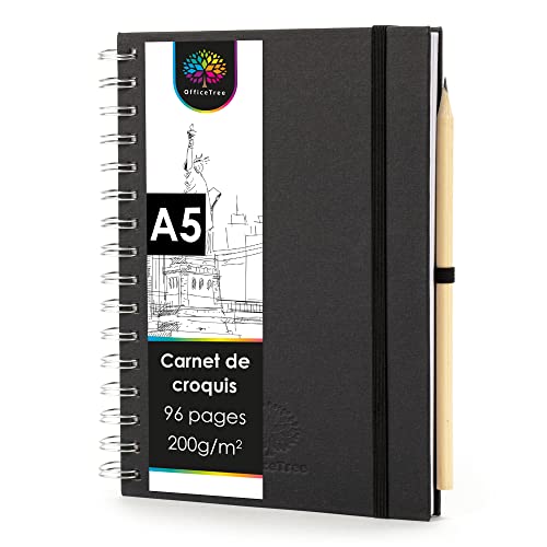 OfficeTree carnet de croquis A5 à reliure spirale - Format portrait - 96 pages 48 feuilles - Carnet d'esquisses A4 200 g - papier blanc vierge - Livret de...