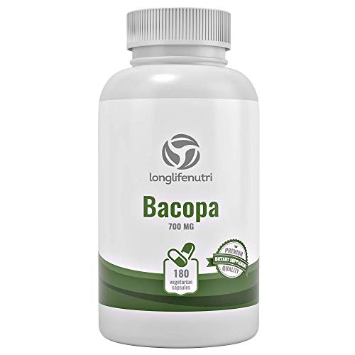 Longlifenutri Bacopa Monnieri Extract Powder 700Mg - 180 Vegetarian Capsules | Himalaya Plant Made In Usa | Bacoside Gold Supplement 700 Mg Complex #TOP6