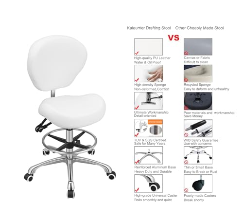 Image of Kaleurrier Adjustable Height Drafting Stool Drafting Chair with Backrest & Foot Rest,Swivel Rolling Stools for Work Studio Dental Office Salon Kitchen Counter Tall Home Desk Chairs (White)