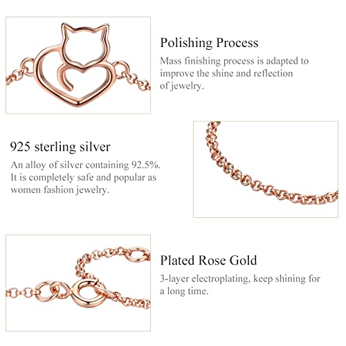 Rukyf 925 Sterling Silver Rose Gold Plated Chain Bracelet With Cat Love Heart Charm Adjustable Kitty Bracelets With Chain Length 6.5''-7.9'', Great Jewelry Gift For Teen Girls Women Cat Lovers #TOP7