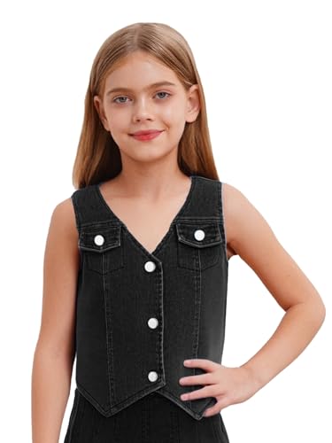 JEYPINMI Girl's Cropped Denim Vest Sleeveless Jean Jacket Button Down Outerwear Asymmetrical Waistcoat