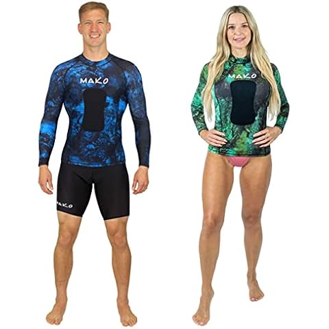 MAKO Spearguns Long Sleeve Camo Rash Guard with Chest Loading Pad | Spearfishing Dive Skin Shirt | Medium | Blue Cover
