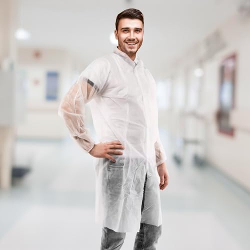 Jalecos descartáveis brancos AMZ, PP 42 GSM EPI, pulsos elásticos com fecho de laço, jaleco descartá