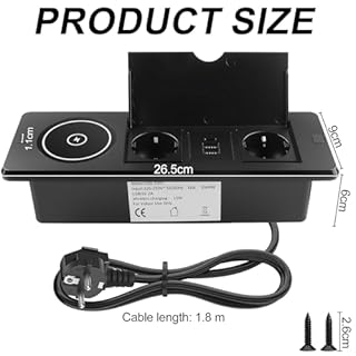 BlueXP 2 Prises de Bureau Encastrable avec Chargeur sans Fil Bloc Multiprise Encastrable avec 2 Ports USB A et 1 USB-C Surface de Charge Qi Couvercle Rabattable & Câble EU 1,8 m Prise Noir