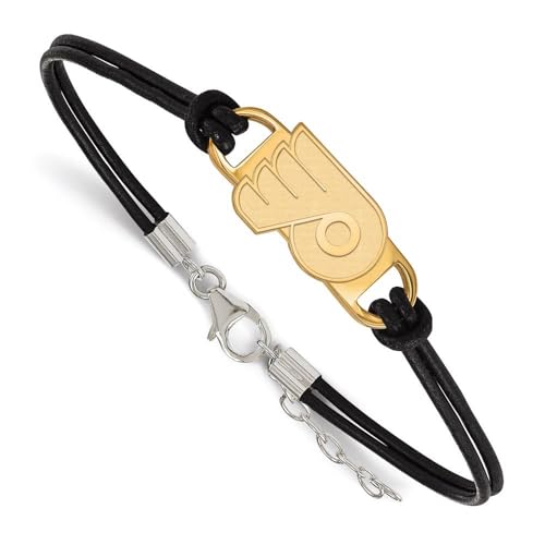 LogoArt Gold Plated Sterling Silver Philadelphia Flyers Leather Bracelet Small Cent GP031FLY-7