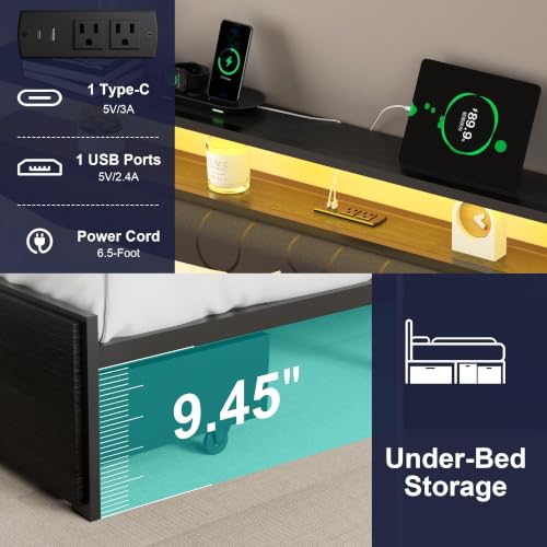 Image of Queen Bed Frame with 2 Drawers, Platform Bed Frame with LED Lights and Charging Station, Upholstered Headboard, Heavy Duty Metal Slats, No Box Spring Needed, Noise Free, Easy Assembly