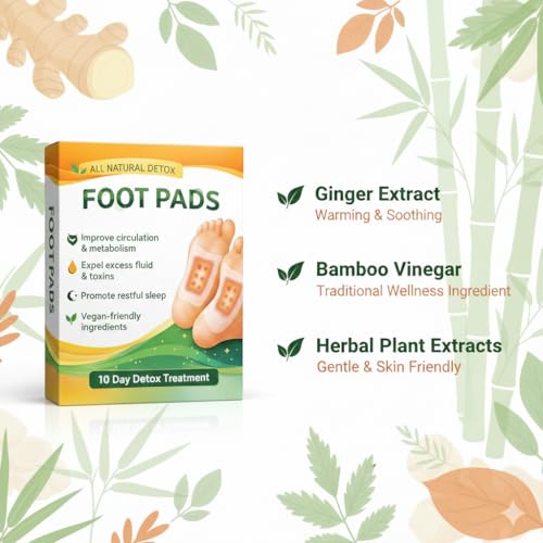 Image of AIXMEET Herbal Detox Foot Patches (10 Pads) - Bamboo Vinegar & Ginger Extract Foot Detox Pads for Overnight Detox, Deep Cleansing, Sleep Support, Foot Pain Relief & Acupoint Therapy for Men & Women