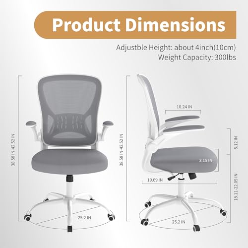 Image of Youhauchair Adjustable Mesh Ergonomic Office Chair with Wheels, Grey | Flip-up Arms, Lumbar Support, Home Desk Chair, Height Adjustable, Breathable, Mid Back Swivel Compurter Chair, Set of 1