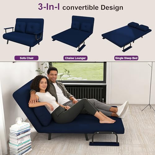 Image of Montary 5-in-1 Folding Sofa Bed for Two 71.6 inch Wide Convertible Chair with 5-Position Adjustable Backrest Pillow, Space-Saving Sleeper for Living Room Bedroom Office,Blue