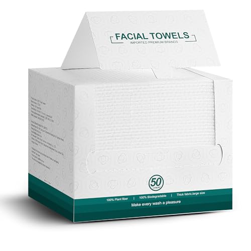 Disposable Face Towels,Extra Thick Soft Clean Facial Towels,Super Absorbent,Biodegradable Dry Wipes,Cruelty-Free Facial Washcloth for Sensitive Skin,Travel,Makeup Remover,50 Count,7.9