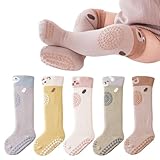 HOVELL Baby Non-Slip Knee-High Socks Cute Infant Newborn Cotton Grips Socks Girls Boys Indoor Floor Crawling Tube Stockings with Grippers 5 Pairs(Cartoon1, 6-12Months)