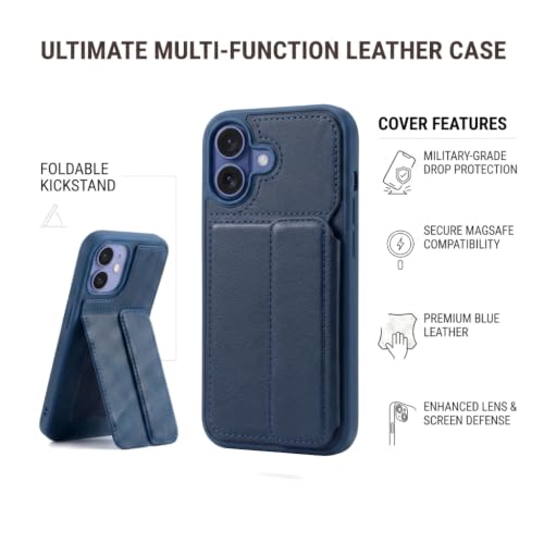 Image of amazon basics Luxury Vegan Leather Back Cover for iPhone 16 | Built-in Card Holder Slot | Integrated Mobile Stand | Slim Shockproof Protective Case with Stitched Finish - Blue