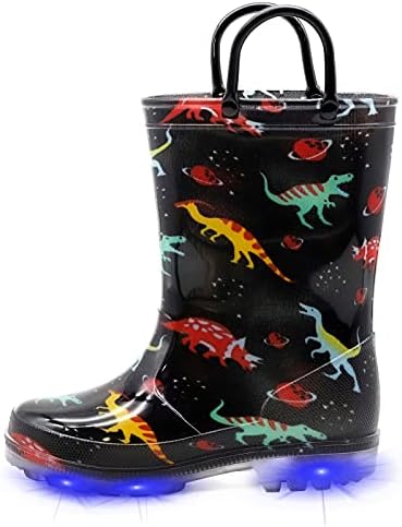 EUXTERPA Toddler-Kids Waterproof Light Up Rain Boots with Handles for Boys Little Kid size 13 Black Dinosaur