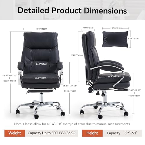 Image of LEAGOO Office Chair with Foot Rest, Swivel Computer Desk Chair PU Leather Reclining Chair, Ergonomic Lumbar Support Designed for Longer Sitting Sessions for Home /Office Workers - Black