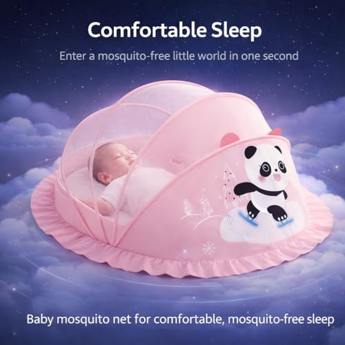 Image of Mosquito Net for Baby (Pink) | Panda Print | Breathable Bottomless Net for Infants | Comfortable & Easy to Use | 135 x 65 x 65 cm