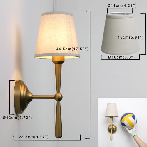 Image of Yosoan Brass Linen Shade Bedside Vanity Wall Sconce Set of 2, Vintage Industrial Hardwired Indoor Boho Gold Wall Mounted with Funnel Textile for Bedroom Stairwell Hallway (Antique)