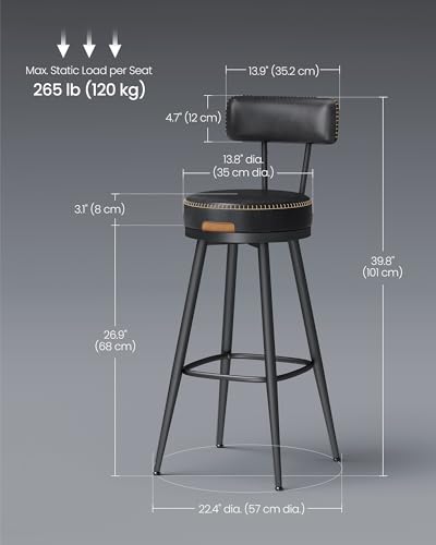 Image of VASAGLE EKHO Collection - Bar Stools Set of 2, Swivel Bar Height Bar Stools with Back, Synthetic Leather with Stitching, Mid-Century Modern, 30-Inch Tall Barstools for Kitchen, Ink Black ULBC889B01V2