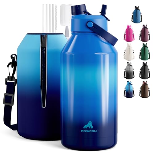 Image of POWCAN 64 oz Insulated Water Bottle with 2-in-1 Straw and Spout Lid, Leakproof, Carrier Bag, Cleaning Brush, BPA-Free, Metal Water Bottle with Handle for Outdoors, Sport, Gym and Hiking (Shoreline)