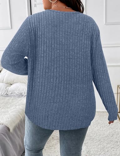Image of Koscacy Women Plus Size Casual Knit Sweater with Pocket V Neck Solid Color Tops Lightweight Long Sleeve Blouses