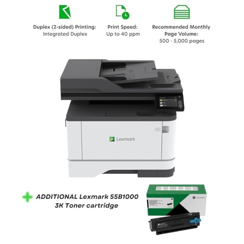 Image of Lexmark MX331adn Black and White Laser All-in-One Printer with Touchscreen, Duplex Printing and Analogue Fax (29S0150) Bundle 55B1000 Black 3K Yield Toner Cartridge