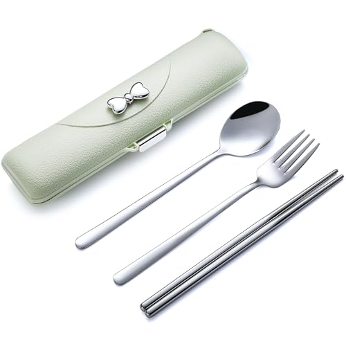 DEVICO Travel Silverware Set with Case, Portable Lunch Utensils Set for Work, Reusable Travel Cutlery Set, 18/8 Stainless Steel Flatware for Caming School Picnic, Dishwasher Safe (Green)