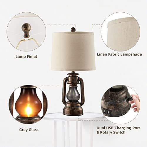 RORIANO - Table Lamps for Living Room Set of 2, Vintage Resin Lamp for Bedroom with Dual USB Charging Ports, Rustic Retro Bedside Table Lamp for Bedside