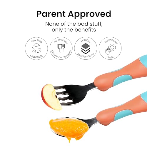 Image of Baby Spoon and Fork Set, Orange Stainless Steel Toddler Cutlery Set with Easy Grip, 2 Pc, Self Feeding Utensils for Baby Meals School and Travel, Mealtime Essential