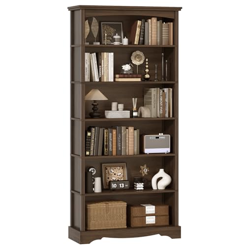 TVU 6-Tier Wooden Bookshelf, 76 Inch Tall Bookshelf with Storage, Floor Standing Modern Style Display Bookcase for Living Room, Office, Study Room, Entryway, Brown