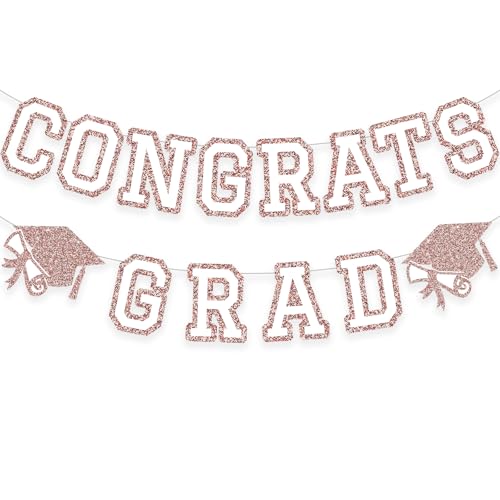 Image of Congrats Grad Banner Graduation Party Banner Decoration Hanging Garland High School College Backdrop Supplies Rose Gold