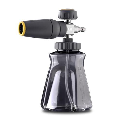 Active Foam Cannon with ¼ inch quick connector for Electric and Gas Pressure Washers. Wide-mouth bottle and variable spray to generate thick snow foam spraying for home DIY car wash & detailing.