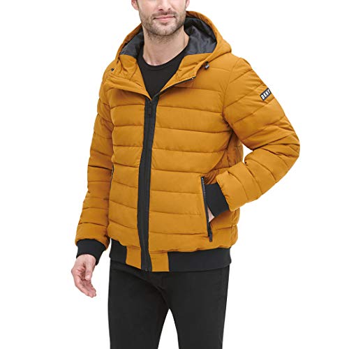 DKNY Men's Quilted Performance Hooded Bomber Jacket, Gold Matte Stretch, Small