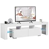 Mecor White TV Stand, Modern LED TV Stand w/12 Colors&Remote Control Lights,High Gloss TV Cabinet w/Storage&2 Drawers，65 Inch Entertainment Center for Living Room
