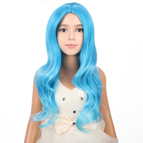 PATTNIUM Kids Blue Wig Long Curly Wavy Blue Wigs for Girls Chidren Middle Part Hair Heat Resistant Synthetic Hair Wig with Wigs Cap