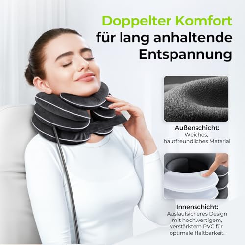 AUVON Nackenstrecker Aufblasbar für Zervikaltraktion mit 3-Schichten-Dehnungsdesign & Kinnstütz-Design, Nackenkissen Halskrause Mensch zur Schmerzlinderung Nackenunterstützung für Unterwegs Zuhause