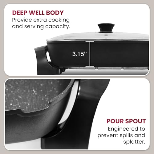 Elite Gourmet EG-6203# Extra Deep 16"x13"x3.2" (10.5Qt.) Scratch Resistant, Easy Pour Spout Dishwasher Safe, Non-stick Electric Skillet with Glass Vented Lid, Adjustable Temperature, Black