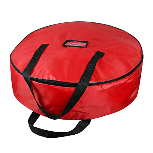 TQS 36" Christmas Wreath Storage Bag - Xmas Large Wreath Container - Reinforced Wide Handle and Double Sleek Zipper - Heavy Duty Protect Your Party Decorations Garland - Red