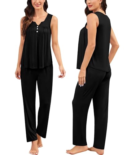 Image of SWOMOG Maternity Nursing Pajamas Set 3 Piece Breastfeeding 3 in 1 Labor Delivery Sleevless Tops Long Pants Pregnancy Pjs