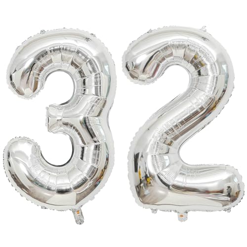 Giant Silver Number 32 Balloons, 40 Inch Jumbo Number 32, Large Foil Mylar Balloons for Girls Women 32th Birthday Party Decorations, 32 Anniversary Events Decorations