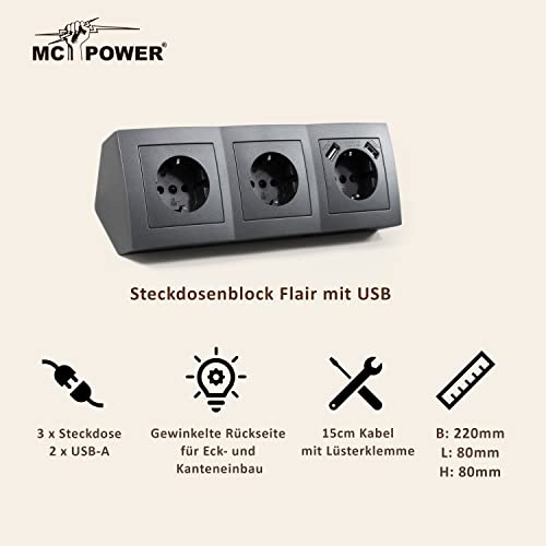 MC POWER Steckdosenblock Unterbausteckdosen | FLAIR | Ecksteckdose Steckdosenleiste 3-fach + 2x USB, 230V~/16A, Aufbau, duneklgrau anthrazit, matt 4