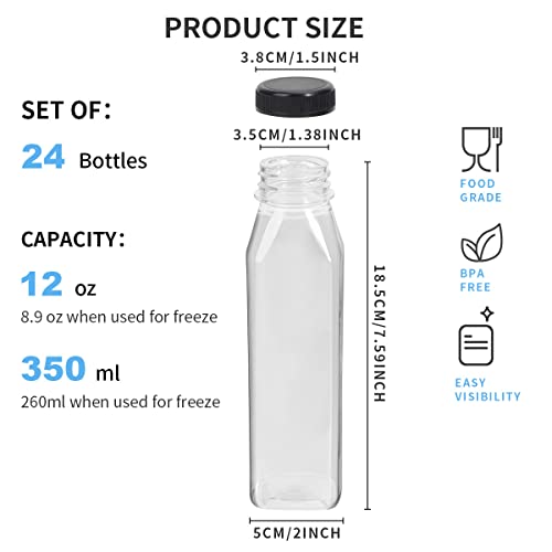 24 Pack 12OZ Plastic Juice Bottles with Caps, OAMCEG Juice Containers with Lids for Fridge, Reusable Smoothie Bottles, Empty Clear Bulk Beverage Container with Black Tamper Evident Lids (Square, 12oz) - Image 3