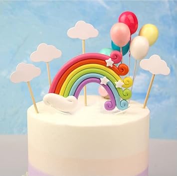 SULOLI Rainbow Cake Toppers Set, 12 Pcs Pastel Rainbow Clay Cupake Topper with Cloud Balloon for Girl Boy Kids Wedding Birthday Party Decorations