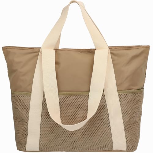 Fammart Bolsa de praia à prova d'água para mulheres, bolsa grande para academia com zíper e bolsos de malha, essenciais para cruzeiros de viagem, Grande - cáqui, Large